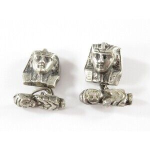 Art Deco King Tut Egyptian Revival 900 Silver Cufflink Set with Chain Linked Mum